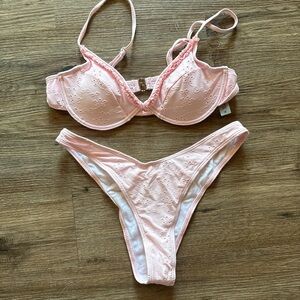 SHEIN Light Pink Eyelet Lace Bikini Set
